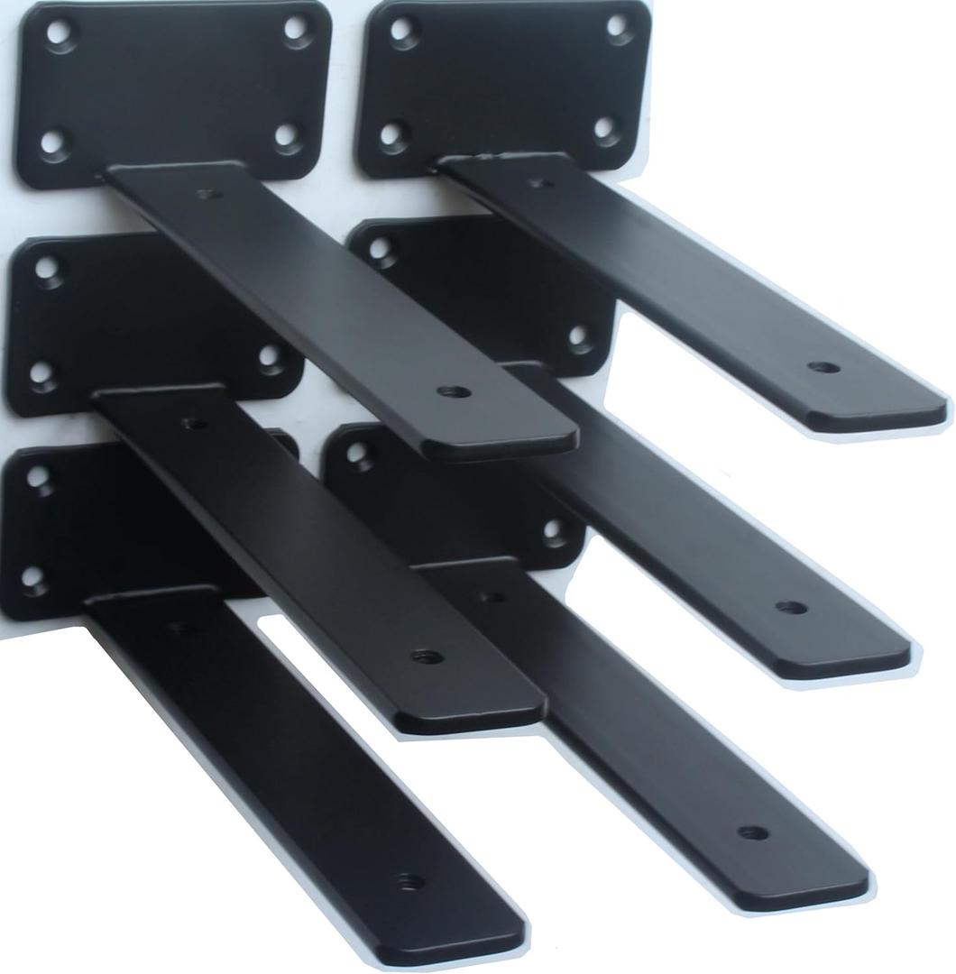 6 Pack - 9 inch Black Hidden L Shelf Bracket (1/5 Inch Thicked) Iron Floating Shelf Brackets Rustic Industrial Metal Brackets for Shelf Support