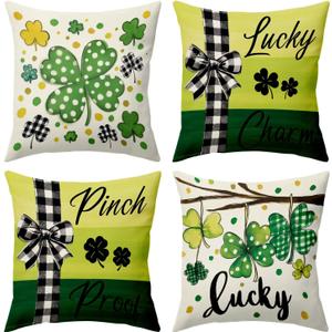 2 x BBOLDIN Saint Patricks Day Throw Pillow Covers 18x18, Green Shamrock Clover Plaid Pillow Cases Set of 4, Spring March Lucky Cushion Covers Decorations for Living Room Bedroom