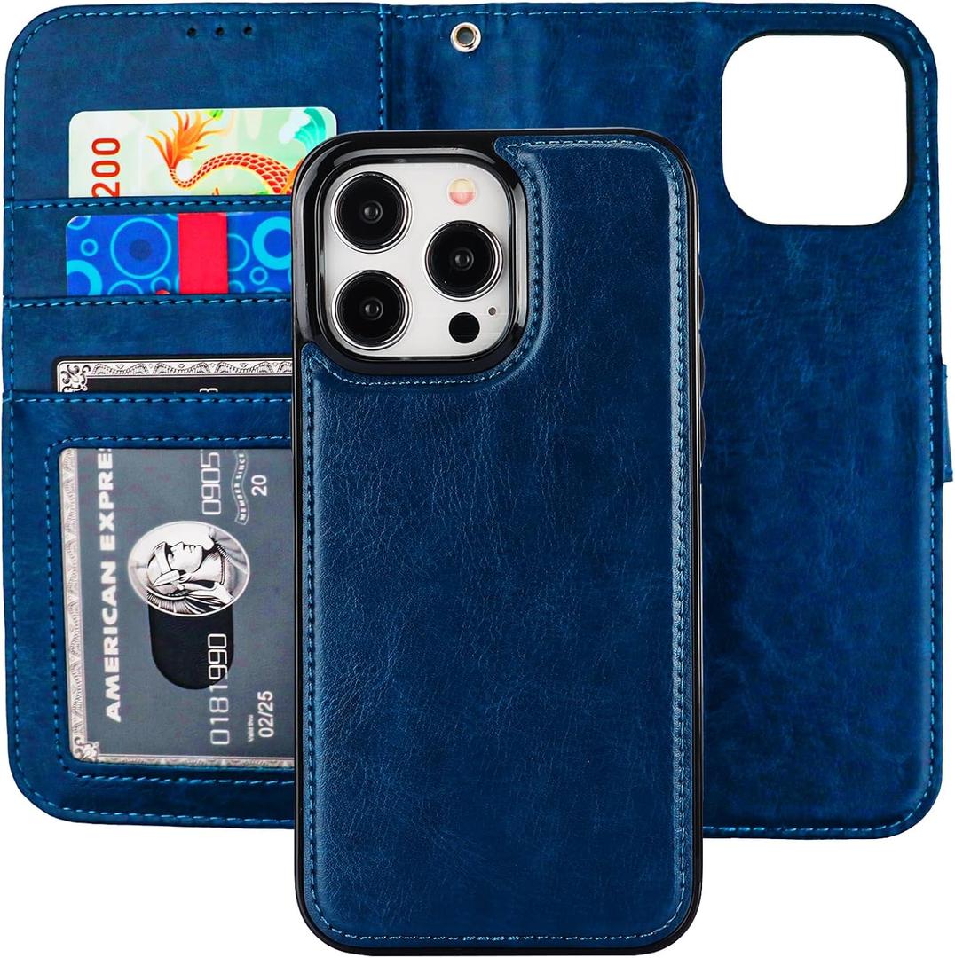 Bocasal Detachable Wallet Case for iPhone 15 Pro Max RFID Blocking Card Slots Holder Premium PU Leather Magnetic Kickstand Shockproof Wrist Strap Removable Flip Protective Cover 5G 6.7 inch (Blue)