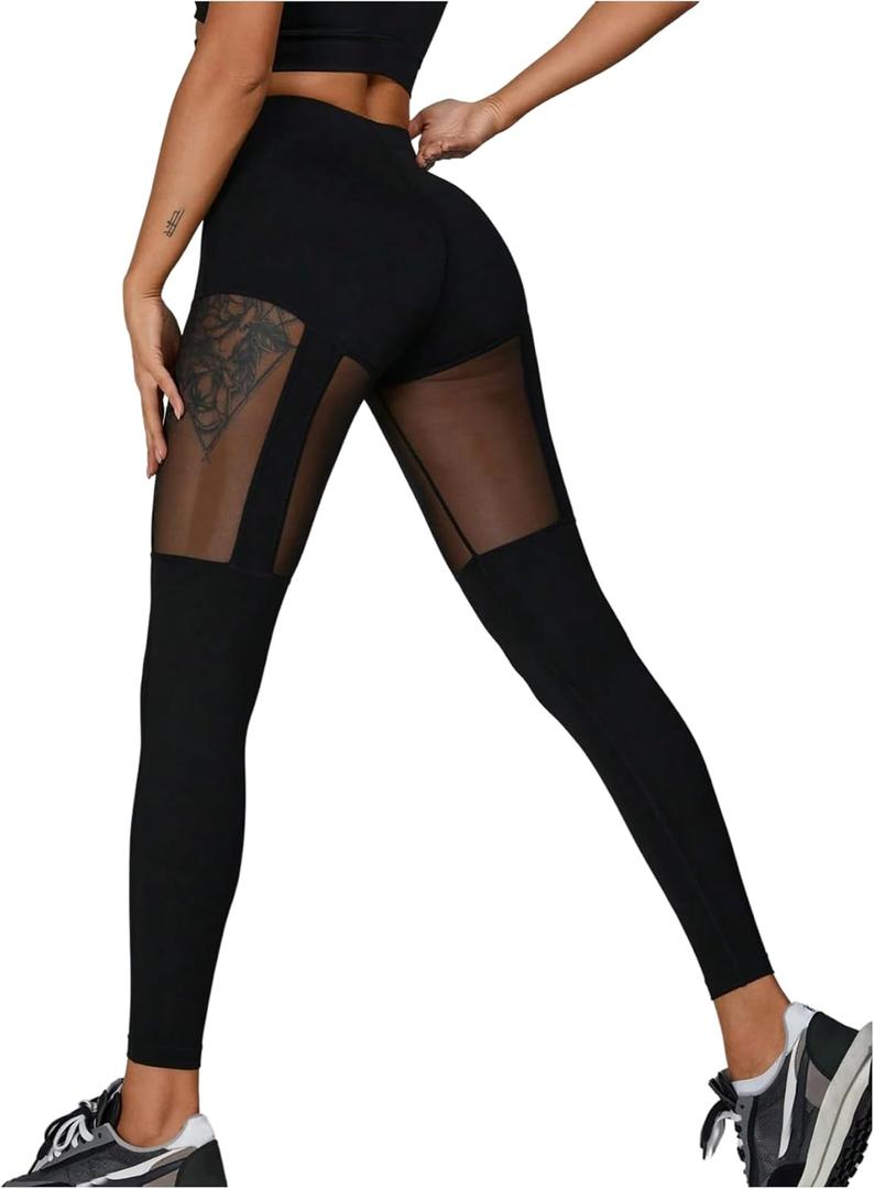 OYOANGLE Women's Sexy Mesh Hollow-Out Breathable High Waist Leggings Yoga Pants Tummy Control Stretch Yoga Leggings (Large, Black)