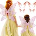 2 Set Glitter Fairy Wings with Elf Ears Butterfly Wing Mum Daughter Halloween Fairy Costume for Girl Women (Pink)