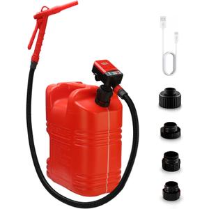 FUELIO Gas Can Pump - AA Battery Powered Fuel Transfer Pump with Auto Shut Off Nozzle, Fix Clip, Extra Long Hose, 3 Adapters, Gas Pump Ideal For Gasoline, Diesel, Kerosene Transfer