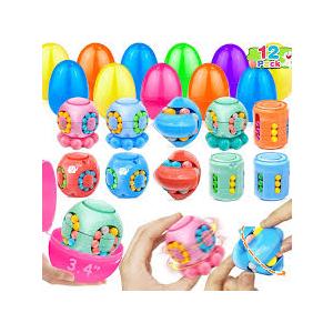 12 Pack 3.4" Jumbo Filled Easter Eggs with Toys Magic Bean Cubes, Fidget Puzzle Toy Brain Teaser Easter Basket Stuffer Egg Fillers, Stress Relief Party Favors Gifts Kid Toddler Teen Classroom Prizes