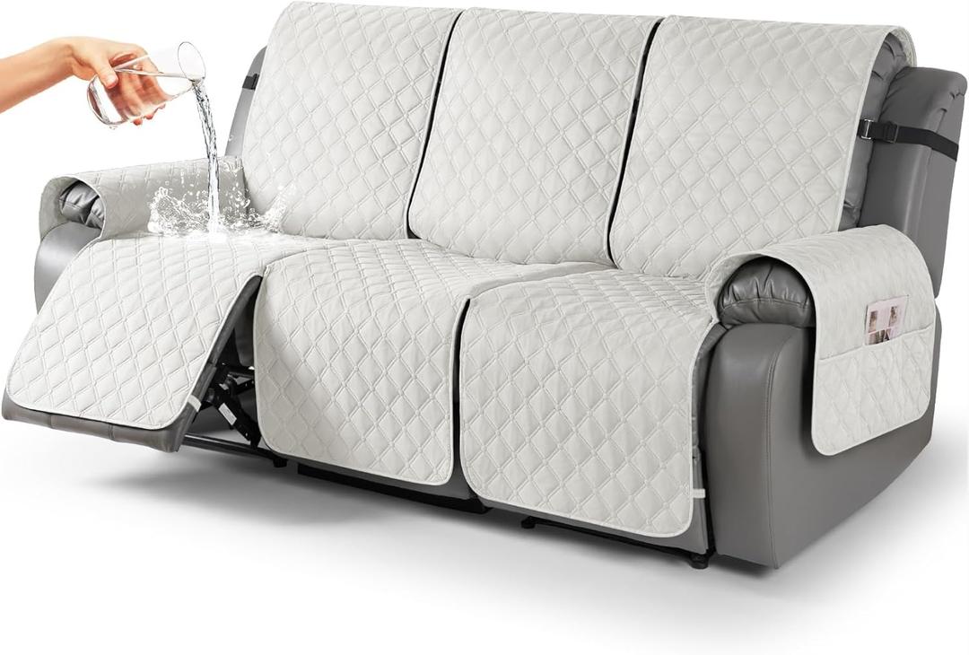 TAOCOCO 100% Waterproof Recliner Covers, Recliner Sofa Covers with Leg Straps, Reversible Recliner Couch Cover for Reclining Chair, Washable Couch Protector for Pets Kids(3 Seater, Off White)