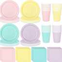 Whaline 244Pcs Pastel Rainbow Tableware Set Serves 48 4 Colors Disposable Dinnerware 48 9" Plates 48 7" Plate 48 9oz Cups 100 Napkins for Spring Easter Wedding Birthday Party Supplies