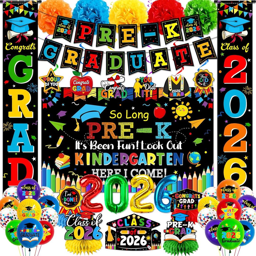Kindergarten Graduation Decorations 2026, Preschool Graduation Party Supplies Kit Include Pre-K Graduation Banner Hanging Swirl Backdrop Balloons for Kindergarten Graduations Party Decorations 2026