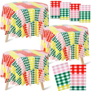 Ganeen 6 Pcs Gingham Checkered Tablecloth Camp Bachelorette Party Decorations Supplies 84 Inch Plastic Round Table Covers Gingham Checkered Tablecloth for Birthday Picnic Bridal Baby Shower Outdoor (Multi Color)