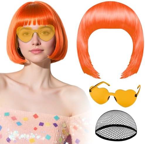 PLULON Orange Bob Wig with Heart Sunglasses and Hair Cap, Colorful Short Bob Wigs Synthetic Party Wigs Funny Cosplay Hairpieces for Women Men Daily Bachelorette Halloween Costume Party Decorations