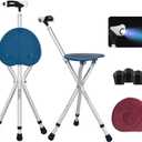 Folding Cane Seat Combo 400 lbs Capacity Portable Cane Stool Handy Folding Crutch Chair Seat 3 Legs Height Adjustable Heavy Duty Thick Aluminum Walking Stick Tall Unisex for Elderly Travelon Blue