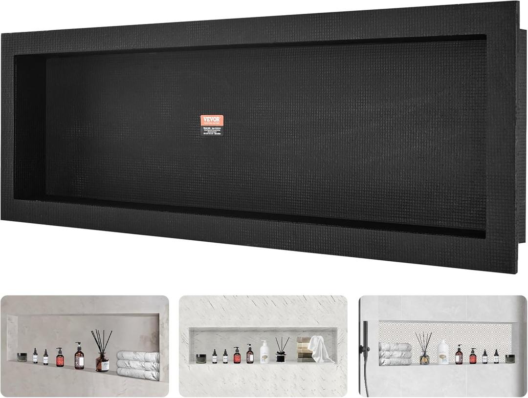 VEVOR Shower Niche Ready for Tile 16" x 50", Single Shelf Organizer, Square Corners Wall-inserted Niche Recessed, Sealed Protection Modern Soap Storage Niche for Shower Bathroom, Black