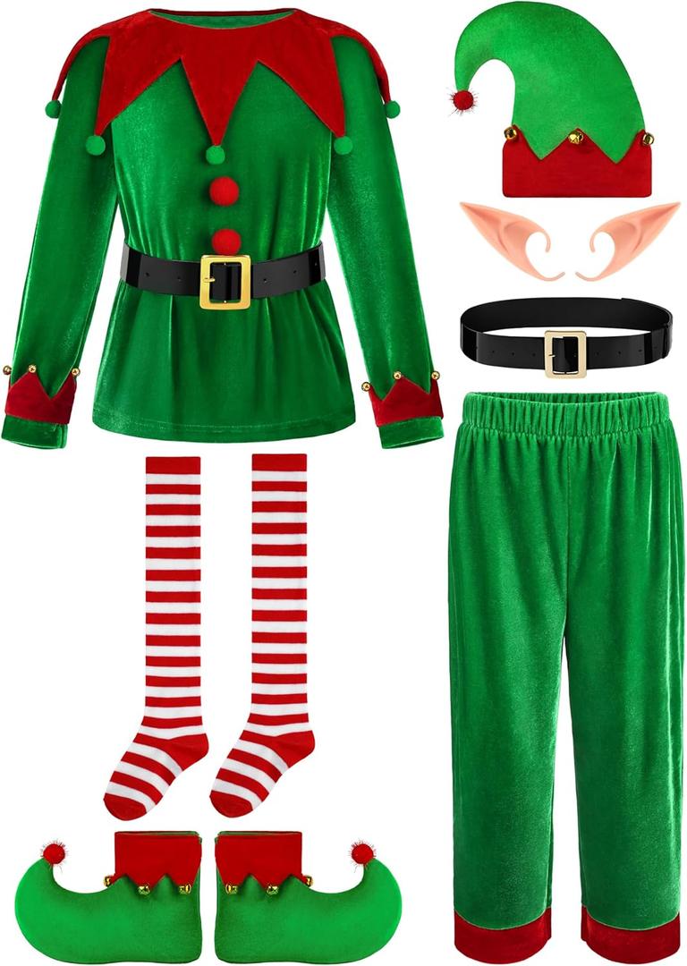FancyFun 6 Pack Christmas Kids Elf Costume, Boys Christmas Elf Costume Velvet Cosplay Santa's Helper Costume Xmas Outfit (11-13 Years)