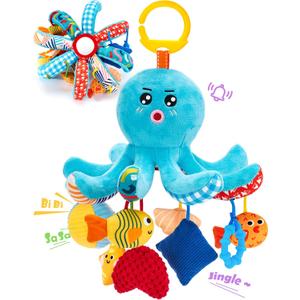hahaland Baby Toys 0-6 Months - Car Seat Toys Octopus Toy with Pulling Cords, Squeaky, Crinkle, Rattle, Mirror - 3 4 Month Old Toys for Babies Infant Sensory Stroller Carseat Hanging Toy for Baby Gym