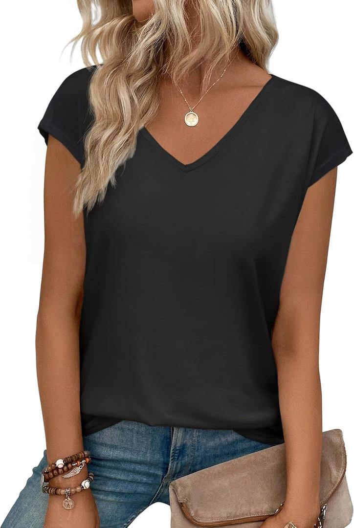 Womens Summer Tops Short Cap Sleeve Shirts V Neck Basic Tees Casual Fashion T Shirts (XXL, Black)