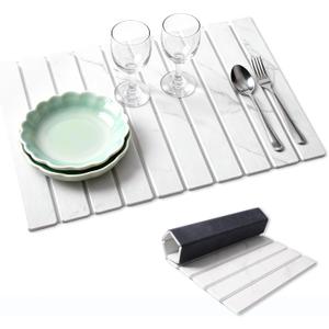 Stone Dish Drying Mat for Kitchen Counter, 24''16'' Quick Dry Stone Dish Matt Collapsible Water Absorbing Diatomaceous Earth Drying Organizer Mat for Dishes Bottles Cups, Any Countertop(White Marble)