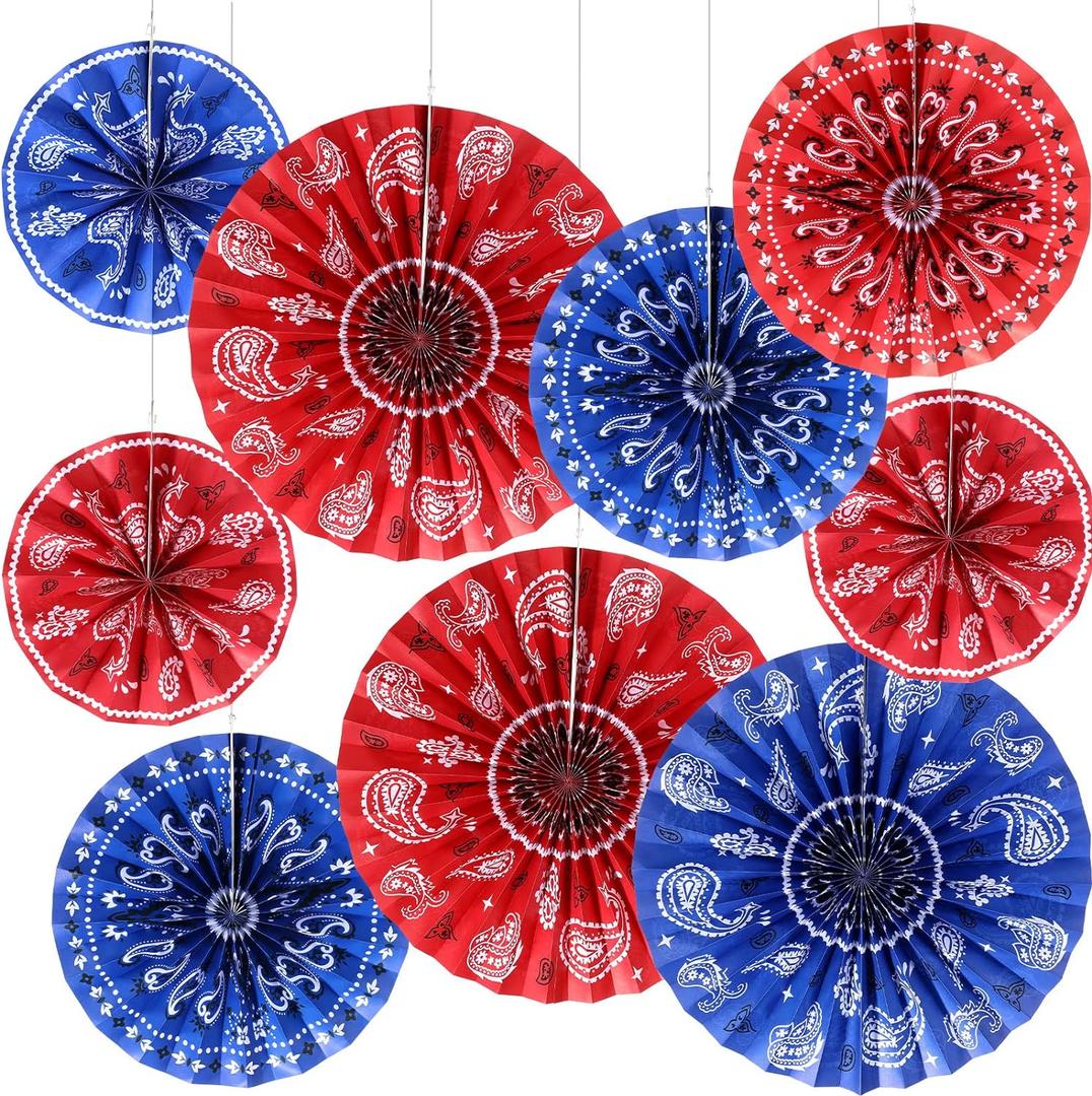Outus 9 Pcs Western Party Decorations Paper Fans Wild West Bandana Hanging Paper Fans Ceiling Wall Garland for Western Cowboy Themed Party Decorations