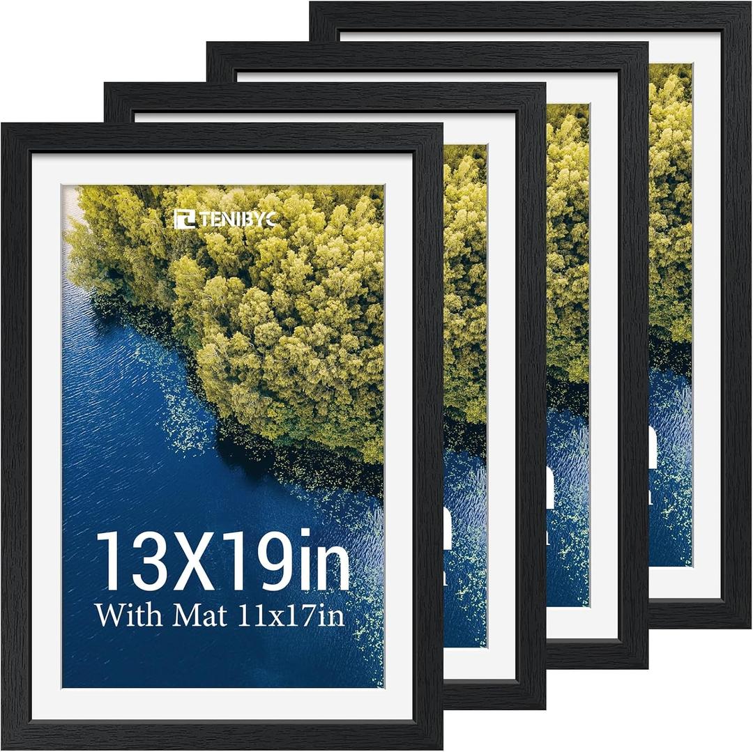 13x19 Picture Frame 4 Pack, 11x17 Mat, Black Wood, Glass