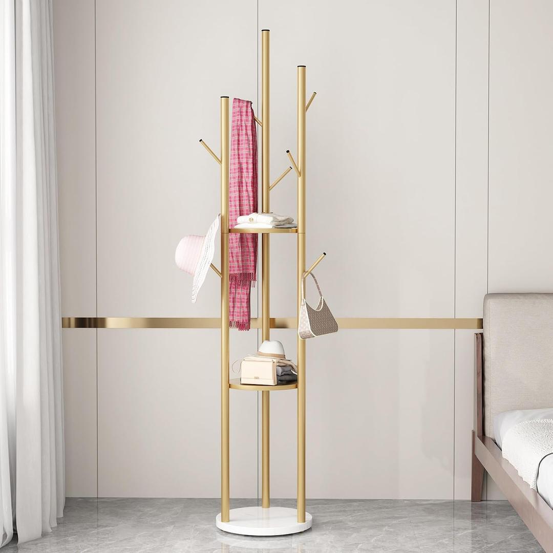 Gold Coat Racks Freestanding with 9 Hooks, Metal Coat Stand with Heavy Marble Base, Entryway Coat Tree Hanger, Purses Racks