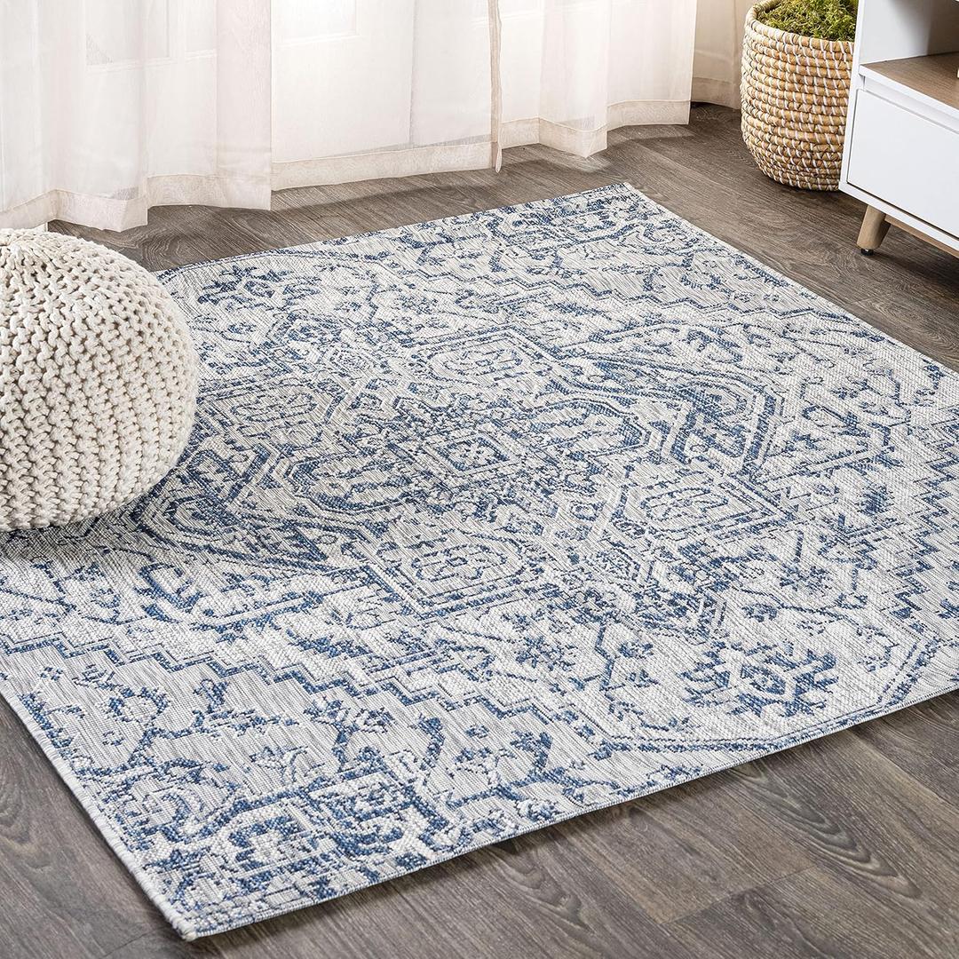 JONATHAN Y Boho Medallion Indoor Outdoor Square Area Rug 8X8 Navy/Gray, Estrella Textured Weave for Backyard, Patio, Porch, Easy-Cleaning, High Traffic, Pet-Friendly, Non-Shedding (SMB105B-8SQ)