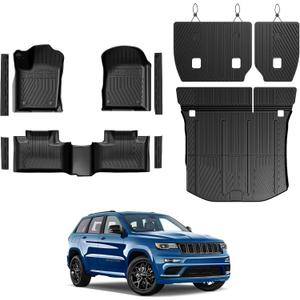 Floor Mats Set for Jeep Grand Cherokee 2011-2021 & 2022 WK2 (Not for 2022 WL or L), All Weather TPE Backrest Mat Trunk Mat Cargo Liner Door Sill Guards Accessories (WK2 | Floor Mats Set)