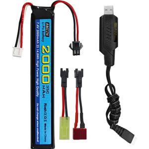 7.4V 35C 2000mAh with SM-2P Plug T-Plug Odamiya Plug Lithium Battery for SRB1200 SRB400 SRB400-SUB MP5K M4 M110 Toy Gun Air Gun,RC Car Drone Battery Accessories (1 Battery+1 USB)