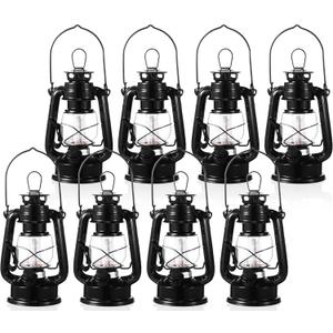 Hortsun 8 Pcs 8 Inch Vintage LED Hurricane Lantern Metal Black Outdoor Battery Operated Hanging Lantern with Warm LEDs and Dimmer Switch for Indoor Rustic Farmhouse Country Camping Decor