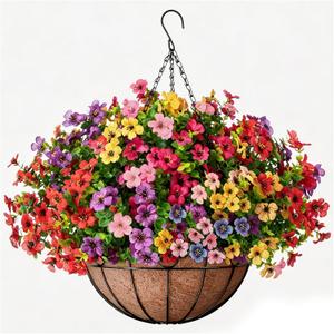 ZeeDix 18 Pcs Artificial Flowers with Hanging Baskets for Outdoors, 14 Inch Hanging Baskets with Fake Silk Flowers for Front Porch Patio Balcony Garden Home Spring Summer Decor, Large