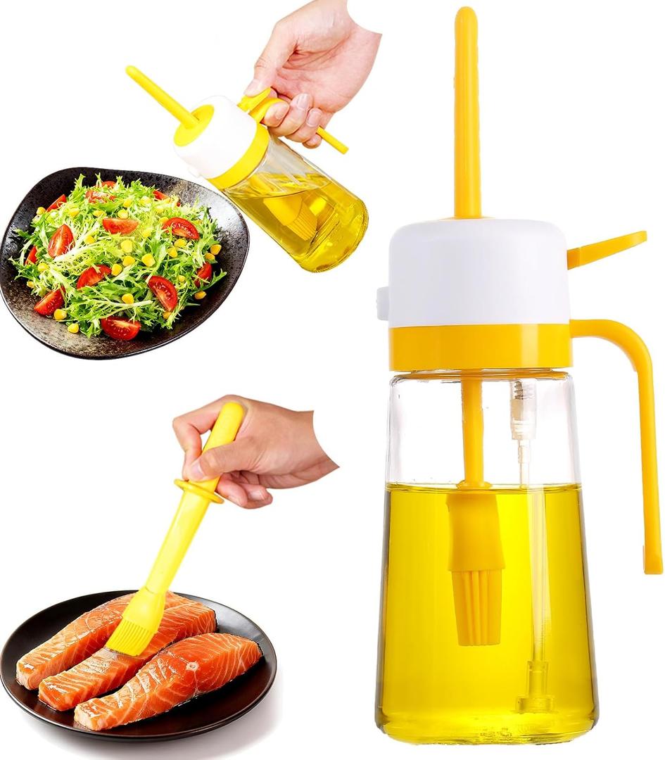 16oz/470ml Glass Olive Oil Sprayer for Cooking  2 in 1 Canola Oil Spray Bottle for Kitchen, Wide-opening Spray Bottle with Silicone Basting Brush, Kitchen Gadgets for Air Fryer, Salad, BBQ (15.9 Ounces)