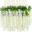 12Pcs Artificial Wisteria Flowers 3.6 Feet/Piece White Dense Artificial Fake Wisteria Vine Ratta Hanging Garland Silk Flowers String Home Party Wedding Decor(White-Dense) (12 PCS)