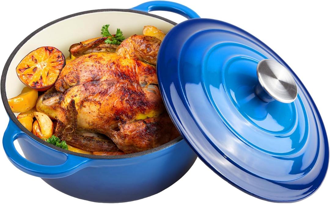 6 Quart Dutch Oven Enameled Cast Iron with Lid - Big Dual Handles - Oven Safe up to 500F - Classic Round Pot for Versatile Cooking (Blue, 6 QT)