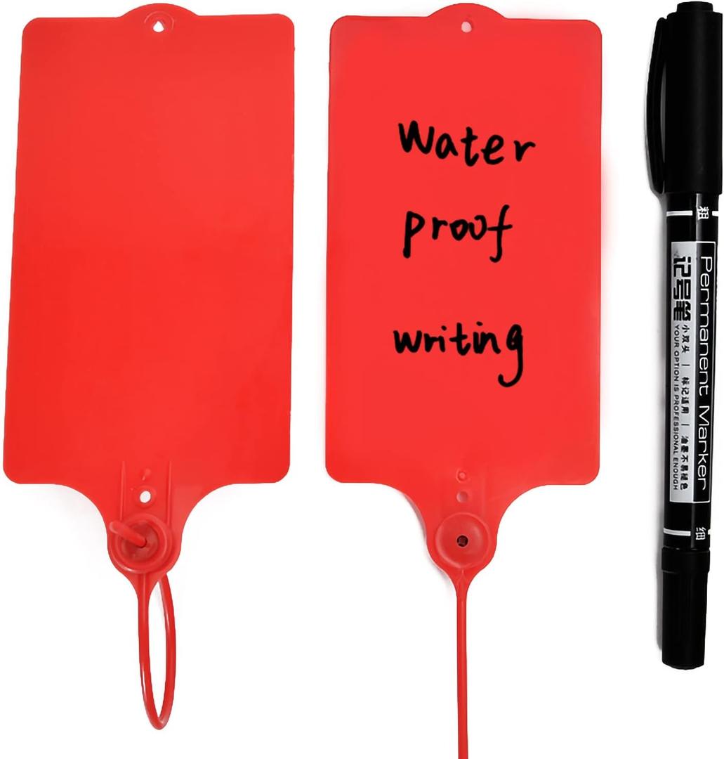 100 Plastic Shipping Tags - Waterproof, Writable, Hanging Tags with One Red Marker Pen