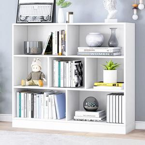 IOTXY Open Shelf Low Bookcase - Wooden 3-Tier Floor Standing Display Cabinet Organizer with Base, 7 Cubes Short Horizontal Bookshelf in Warm White, 80CM Base