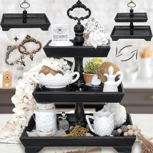 3 Tier Serving Tray [3 in 1] - Gorgeous Coffee Table Tray [Includes 3 Changeable Handles] - Can Assemble into a 1, 2 or 3 Tier Decor - Kitchen Table Centerpiece - Rectangle Wooden Serving Stand