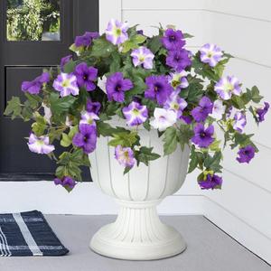 Artificial Fake Flowers Plants for Outdoor Decoration, 2PCS Spring Faux Petunias Silk Flower UV Resistant No Fade Floral for Home Garden Balcony Yard Porch Realistic Indoor Decor (Purple White)