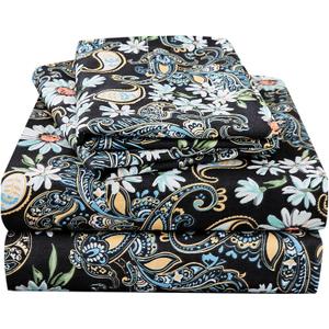 JSD Black Paisley Floral Printed Sheet Set Full Size, 4 Piece Soft Pattern Microfiber Sheets Extra Deep Pocket