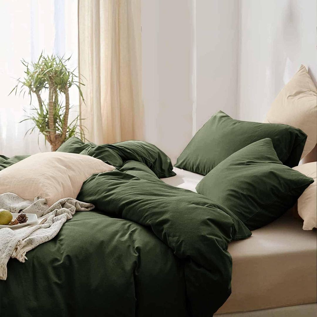King Size Dark Olive Green Duvet Cover, 3pc Soft Farmhouse Bedding Comforter Cover Set With Zipper Closure, 1 Lightweight Microfiber Duvet Cover (90x104 Inches) and 2 Pillow Shams for Women Men