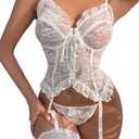 Women Lingerie Sexy Floral Lace Lingerie Set 3 Piece Bodysuit Teddy Outfit with Bustier G-string and Stockings (White, XL)