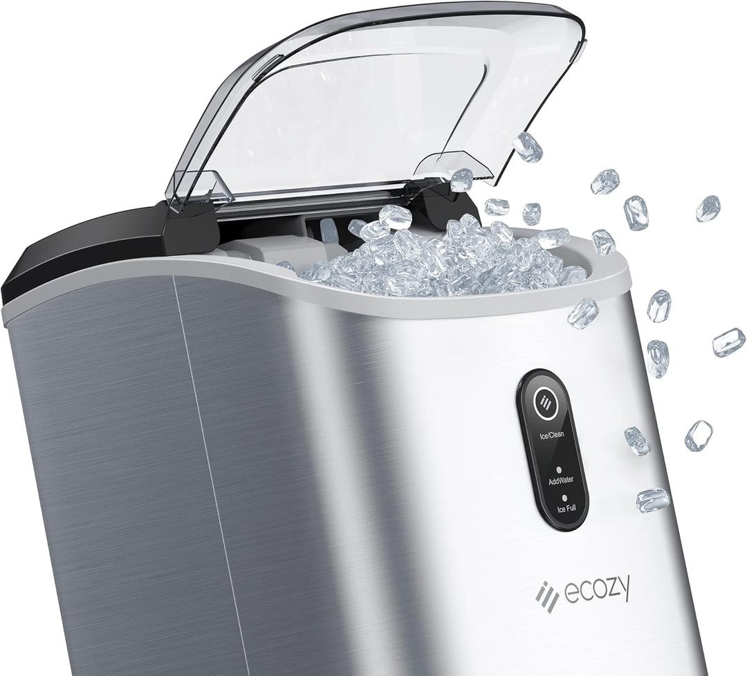 ecozy Nugget Ice Maker Countertop - Chewable Pellet Ice Cubes, 33 lbs Daily Output, Stainless Steel Housing, Self-Cleaning Ice Machine with Ice Bags for Parties, Kitchen, Bar, Office, Silver