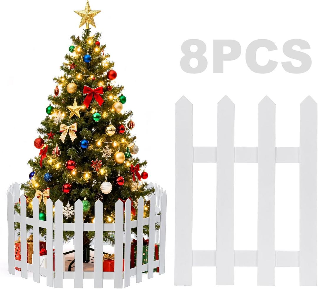 15.7" H Sturdy Safe Wooden Christmas Tree Fence - White Christmas Tree Gate Dogs Cat Proof for 5-7ft Trees, 8 Pcs Easy to Install