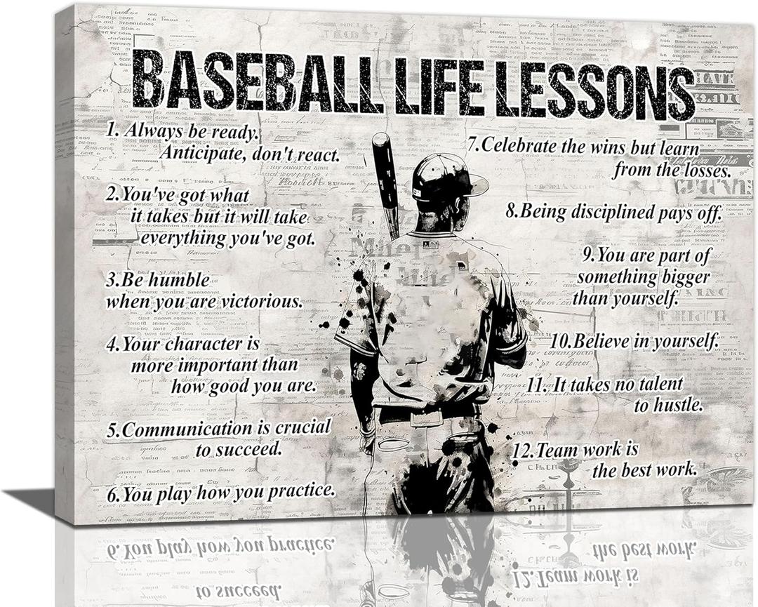 Baseball Life Lessons Wall Art - Retro Poster Boy Men Room Motivational Decor Canvas Print Painting Artwork for Bedroom Bathroom Living Room 16"x12"