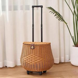 Portable Grocery Shopping Cart, Wicker-Style Rolling Basket with Handle