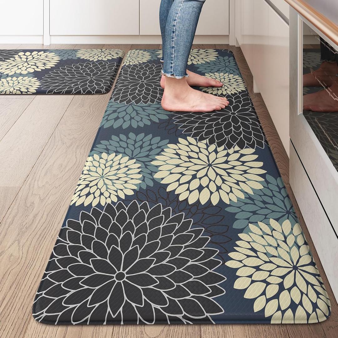KIMODE Padded Anti Fatigue Rug Sets of 2, Ergonomic Standing Kitchen Rugs 2PCS, Boho Dahlia Kitchen Mats for Floor 2 Pieces Stain Resistant, Non Slip Kitchen Sink Floor Mat, 20"x32"+20"x47", Blue