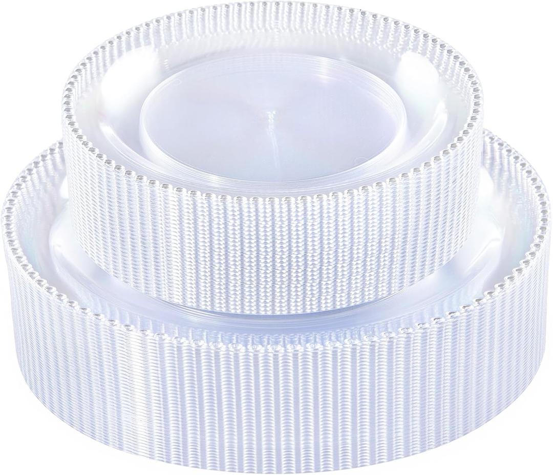 Rubtlamp 60Pcs Clear Plastic Plates, Clear Disposable Plates With Beaded, Heavyduty Plates Include 30 Dessert Platos, 30 Dinner Platos for Wedding Party