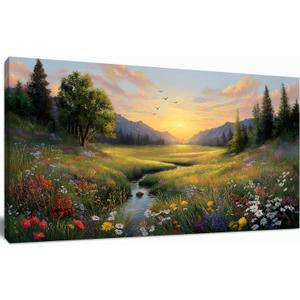 Tarfupth Large Green Landscape Canvas Wall Art for Living Room Sunset Mountain Wildflowers Canvas Prints Nature Scenery Artwork for Bedroom Office Home Decor, 20L" x 40W"