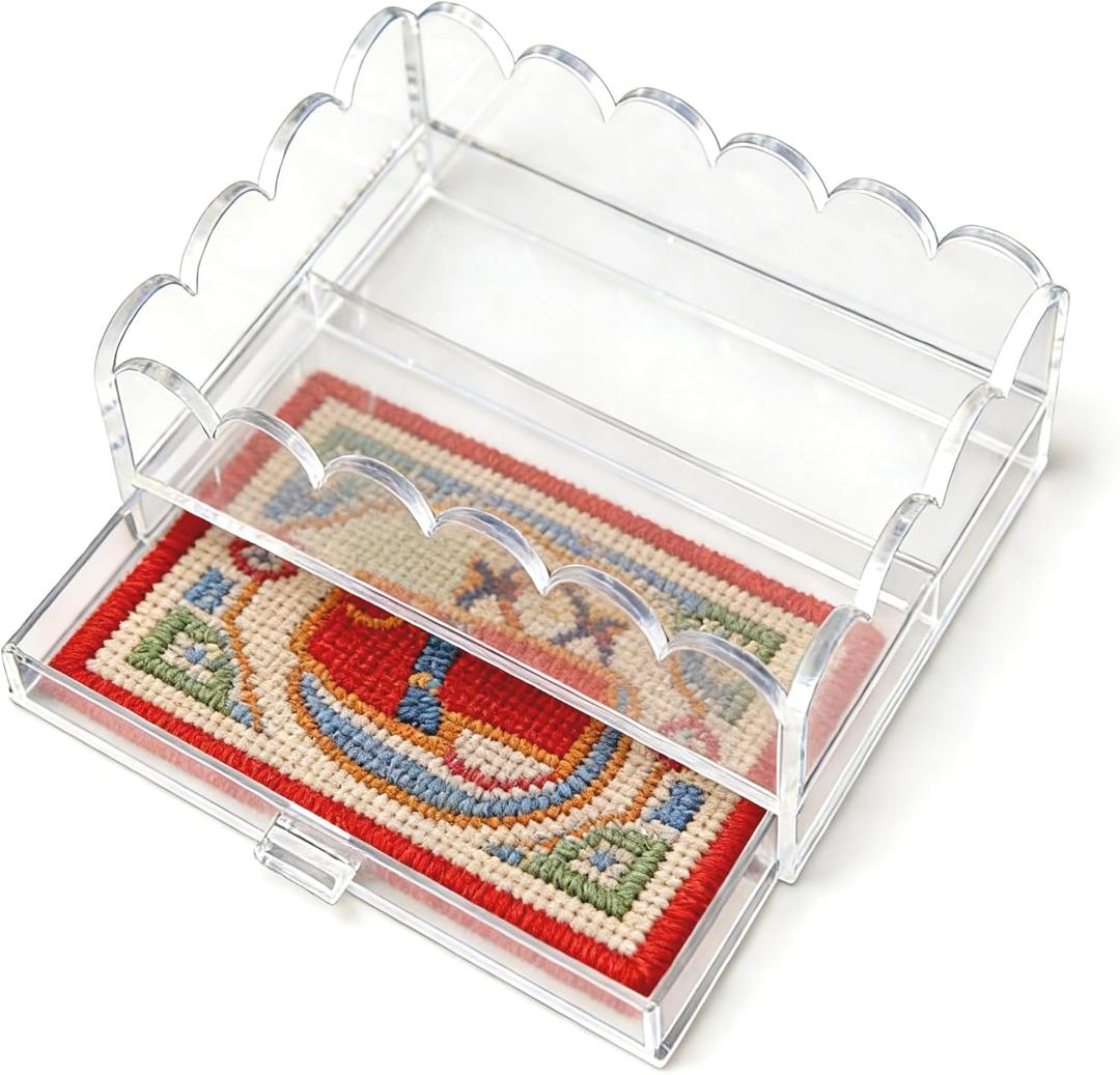 Clear Acrylic Trays for Needlepoint with Insert Drawer 5" x 7", HKKZYT Small Scalloped Acrylic Tray Organizer for Photos, Art, Napkin, Fabric, Messages Display Basket
