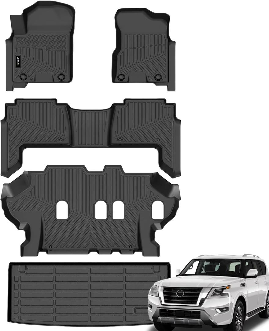 Jenofa-Floor Mats for Nissan Armada/Infiniti QX80 2019-2024 (Only 8-Seater) Cargo Mat Car Mats for Armada All Weather Floor Liners Custom Fit QX80 Bench Seat Accessories Full Set