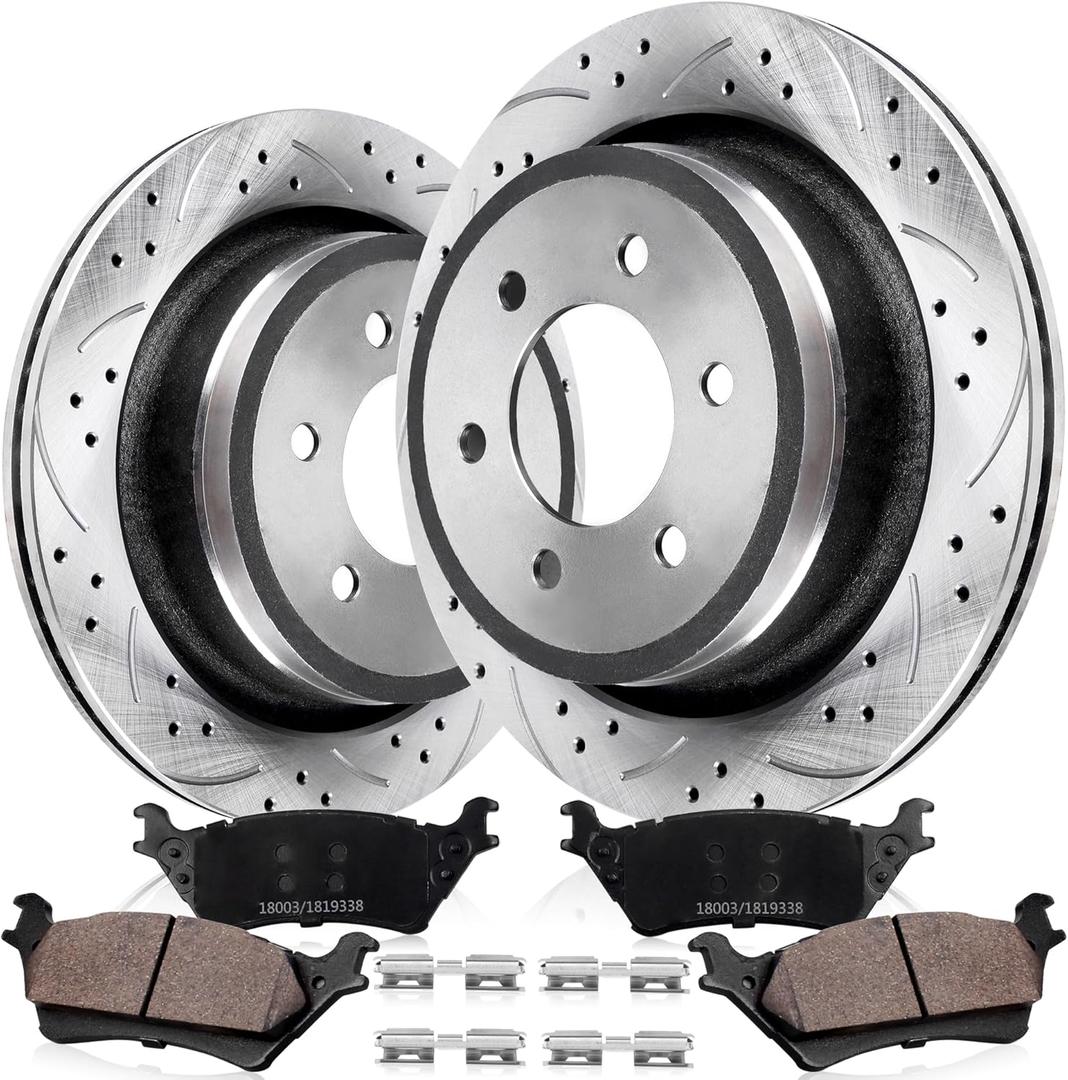 Rear Drilled and Slotted Brake Pads and Rotors Kit Ceramic Automotive Replacement Brake Kits Vented 13.70 Inch Compatible for Ford F150 Lobo 2012-2020 w/Manual Parking Brake (10 Pcs)