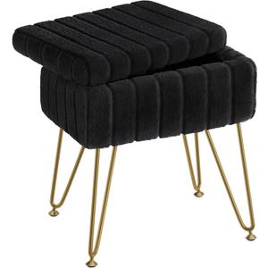 Greenstell Vanity Stool Chair Faux Fur with Storage, 15.7"L x 11.8"W x 19.4"H Soft Ottoman 4 Metal Legs with Anti-Slip Feet, Furry Padded Seat, Modern Multifunctional Chairs for Makeup, Bedroom Black