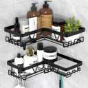KEGII Corner Shower Caddy Adhesive - 2 Pack Shower Shelf with Hooks and Soap Holder, No Drilling Waterproof Shower Shelves for Bathroom (Black)