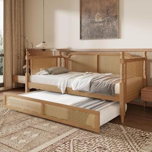 Merax Full Bedframe with Full Size Trundle and Footboard, Vintage Wooden Daybed Platform Bed with Natural Rattan Headboard, Noise-Free, No Box Spring Needed, Antique Walnut