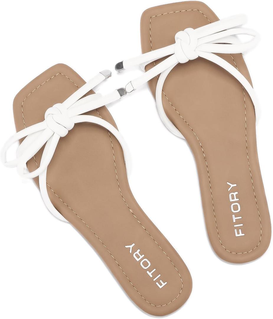 FITORY Women's Flat Sandals Square Open Toe Thong with Cute Knot for Summer Size 6-11 (9, White)